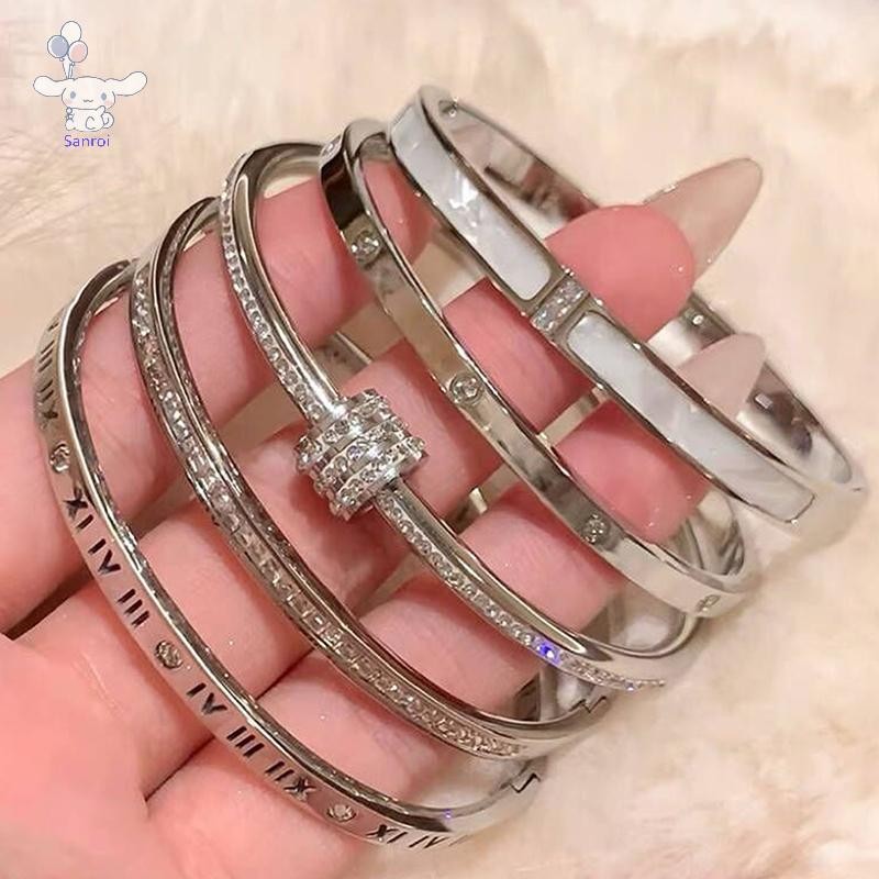 [San] Light High-End Micro-Inlaid Full Diamond Bracelet Female Fashion Simple Titanium Steel Non-Fade Bracelet All-Match POP