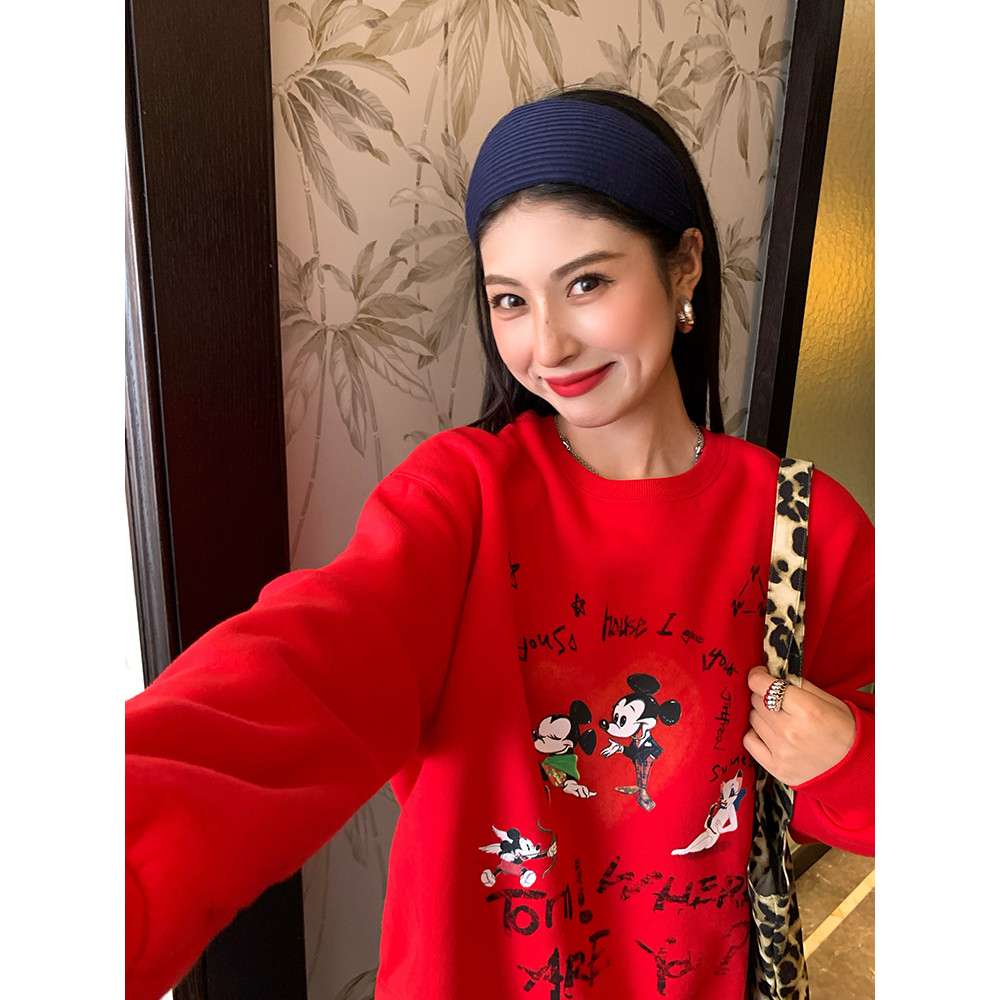 (จัดส่งตลอด 24 ชั่วโมง）Angle OfficialMickey สเวตเตอร์แขนยาว ผ้าฝ้ายเนื้อนุ่มสุดๆ สีแดงสดใส ต้อนรับวันหยุด