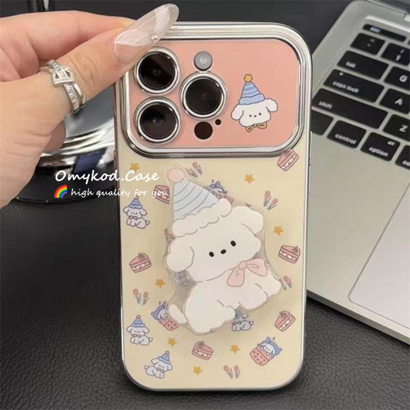 Bracket + LanyardปลอกสําหรับIPhone 11 16 15 14 13 12 Pro Max X XR Xs Max 8 7 6s Plus SE 2020 เคสโทรศัพท์INSเกาหลีน่ารักลูกสุนัขBracket Anti DROPกันกระแทกป้องกันนุ่ม