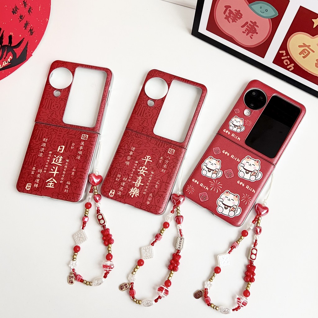 Oppo Find N3 flip 5G เคสหนังน่ารักปีใหม่รวยด้วยโซ่เคส OPPO Find N2 flip 5G hard กันกระแทกโทรศัพท์ความคิดสร้างสรรค์กรณีปก