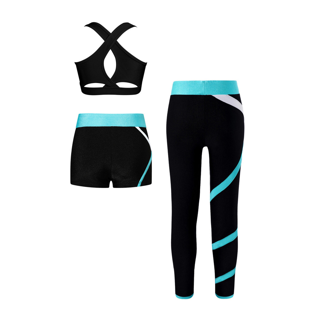 Linjinx 6-16 เด็กสาว 3 ชิ้นชุดกีฬา U คอ Cross กลับ Keyhole Cropped เสื้อกั๊ก Contrast สีกางเกงกางเกง