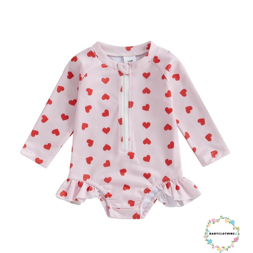Babyclothes-ชุดว่ายน้ําเด็กทารก Rash Guard Love Heart Pattern Zip Up แขนยาวลูกเรือคอเด็กทารกชุดว่ายน้ํา