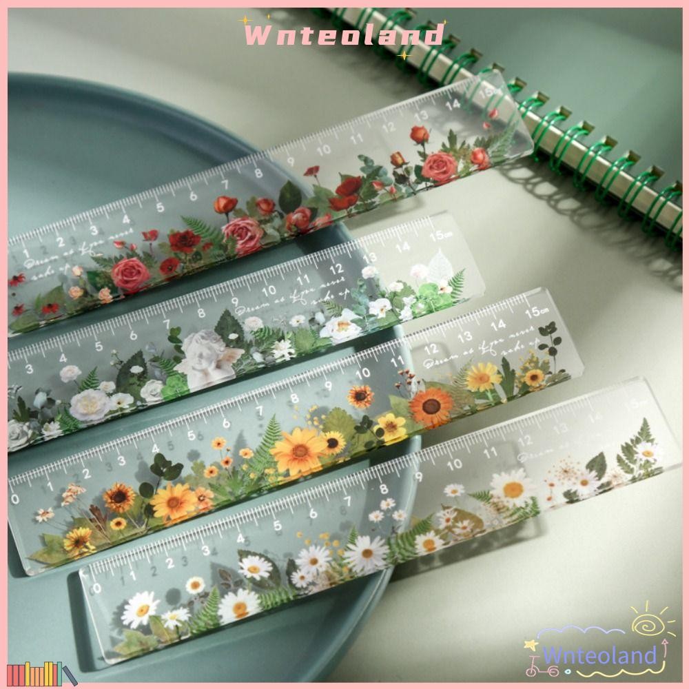 WNTEOLAND Straightedge, ไม้บรรทัดของขวัญนักเรียนพลาสติก, มัลติฟังก์ชั่น 15 ซม. รูปแบบดอกไม้ย้อนยุคเครื่องมือวาดภาพโปร่งใสสําหรับนักเรียน