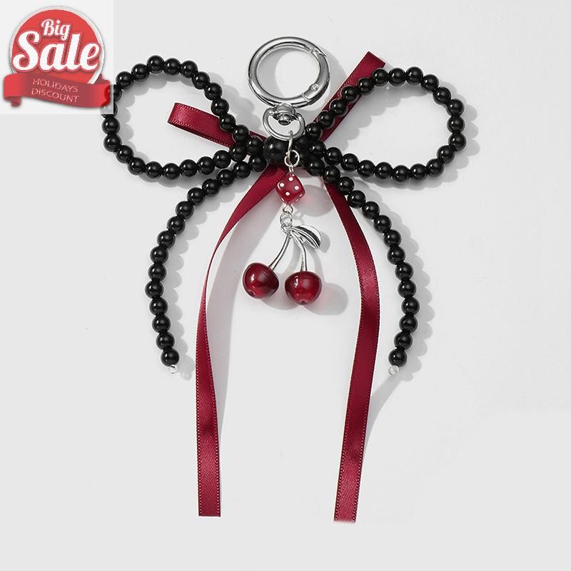 AF ริบบิ้นเชอร์รี่ Bowknot กระเป๋าจี้ Charm พวงกุญแจหวาน Elegant Beaded พวงกุญแจกระเป๋าแขวนอุปกรณ์ตกแต่งของขวัญ A