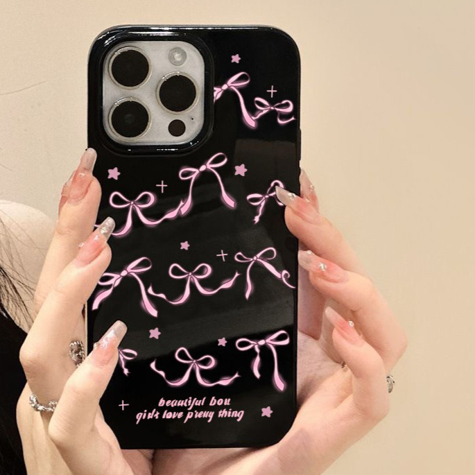 สำหรับ iPhone 16 Pro Max เคส ไอโฟน สีดำมันTPUซอฟท์เคส กันกระแทกกล้องป้องกัน โบว์ดอกไม้ เข้ากันได้กับ 14 13 12 Pro 11...