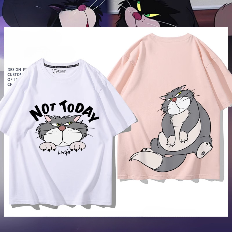 พร้อมสต็อกผ้าฝ้ายแท้ Disney Lucifer Cat แขนสั้นการ์ตูนน่ารักเสื้อยืดลําลองฤดูร้อนผ้าฝ้ายแท้ All-Match ผู้ชายผู้หญิงคู่