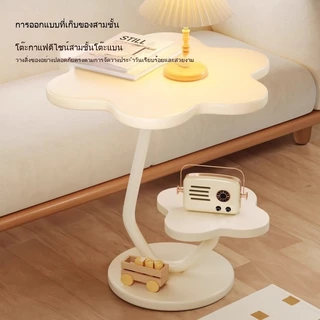 โต๊ะข้างสไตล์ครีม สองชั้นตู้ข้างโซฟา ชั้นวางของข้างโซฟา รุ่น ขอบกลมไม่เจ็บมือ โครงเหล็ก+ฐานไม้จริง