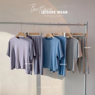 ชุดนอนเด็ก ผ้าสบายสำหรับฤดูร้อน เสื้อผ้าบ้าน สบาย สบาย ชุดสองชิ้นที่เรียบง่ายด้วยสีทึบ