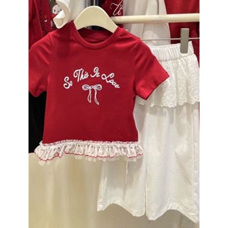 ใหม่ เสื้อยืดแขนสั้นน่ารักสำหรับเด็กผู้หญิง สไตล์เกาหลี สีแด…