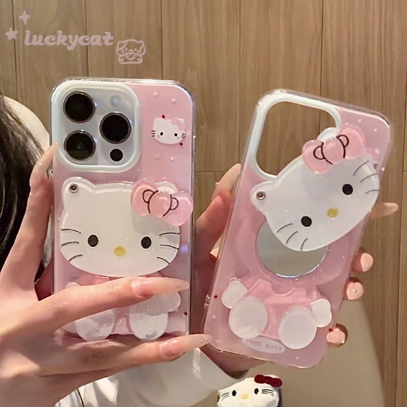เข้ากันได้กับ iPhone 16 15 14 13 12 11 Pro Max X Xr Xs Max 7 8 Plus SE2020 เคสโทรศัพท์น่ารักสีสัน Polka Dot KT Cat Pink Makeup MirrorPattern Clear Soft + Lanyard ฝาหลัง