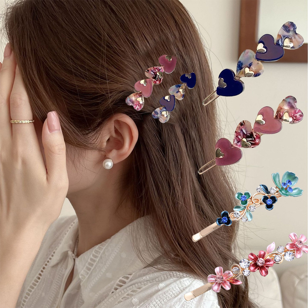 ประณีตดอกไม้โลหะผม Pins น่ารักที่มีสีสันรูปหัวใจคลิปผมสําหรับผู้หญิงสาวด้านข้าง Bangs Barrettes