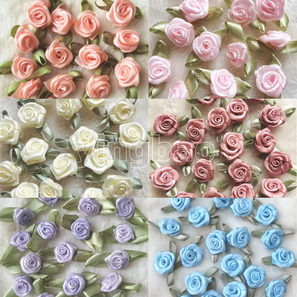 100 ชิ้นซาตินกุหลาบสีเขียวใบมินิริบบิ้นโบว์ผ้าดอกไม้ประดิษฐ์อุปกรณ์เครื่องประดับ Applique สําหรับ DIY Crafting เย็บห่องานแต่งงาน