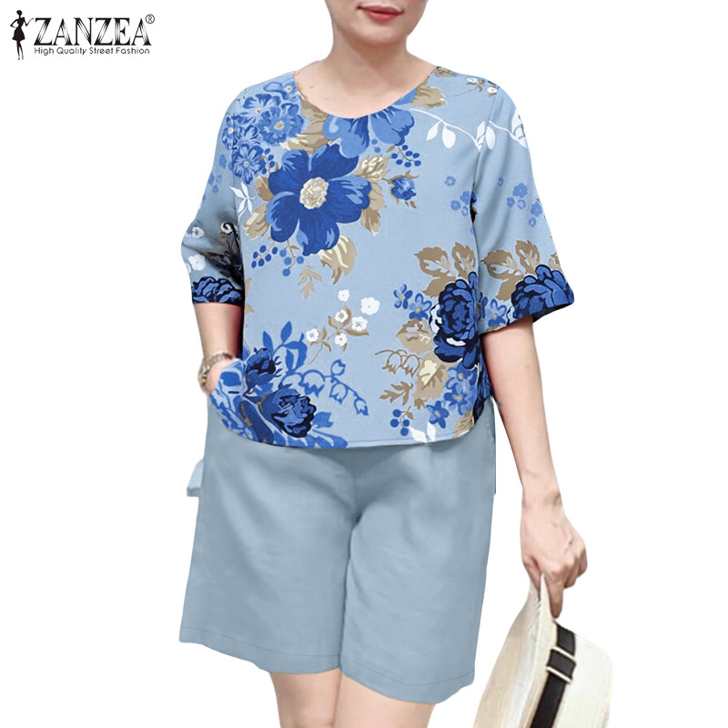 ZANZEA ซานเซีย ผู้หญิงแฟชั่นเกาหลีเสื้อลําลองคอวี 5/3 แขนกางเกงขากว้างกางเกงขาสั้นชุดสองชิ้น