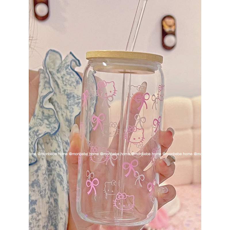 แก้วน้ำ แก้วกาแฟ ลายใหม่kitty&แมว มีฝาไม้ สำหรับร้านกาแฟ พร้อมส่ง