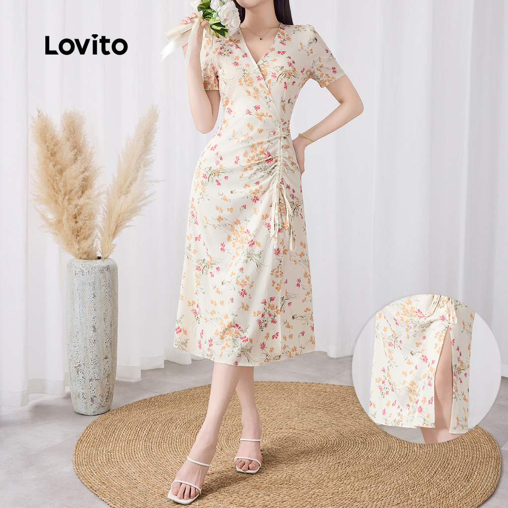 ชุดเดรสพิมพ์ลายจีบแหวกข้าง B131-3-ลายดอกไม้-DRB131P1D981B131-3-ลายดอกไม้-DRB131P1D981