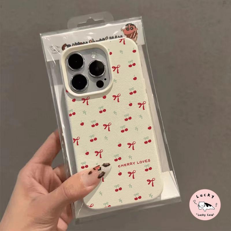 เชอร์รี่โบว์หวานน่ารักพื้นผิวหนังนุ่ม เคส IPhone XR 15 16 11 13 12 14 Pro Max X XS Max 7Plus 8Plus 15 8 14 16 7 Plus