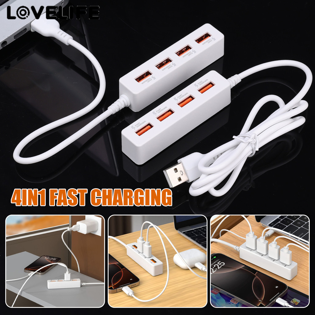[3C&Auto]ฮับแปลง USB 4-in-1 พร้อมสายขยาย 115 ซม., แท่นชาร์จหลายพอร์ตชาร์จเร็วเข้ากันได้กับสมาร์ทโฟน/พีซี/แท็บเล็ต