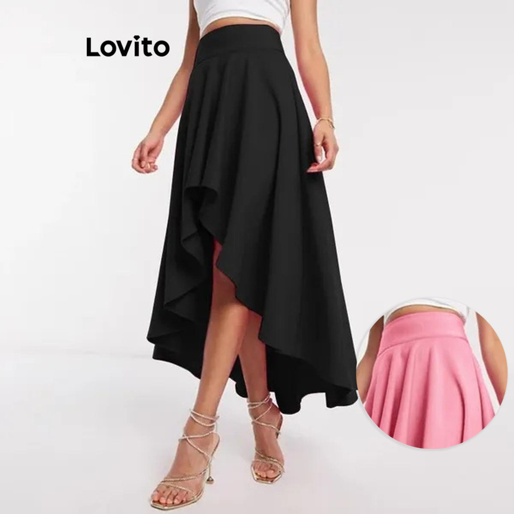 Lovito กระโปรงผู้หญิง แบบอสมมาตร สีพื้น สไตล์ลำลอง LNL147