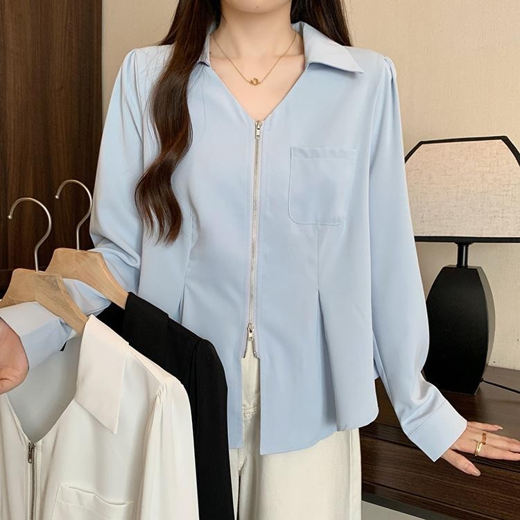 ohho w606 เสื้อเชิ้ตแขนยาวซิป เสื้อเชิ้ตแฟชั่น ทรงสลิม เสื้อเอวลอยเก๋ๆ ไซส์ใหญ่ สวมใส่สบาย