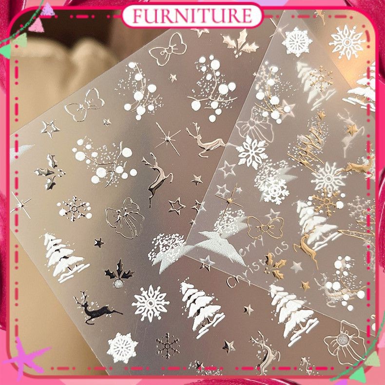 ♕ สติ๊กเกอร์ตกแต่งเล็บลายบรอนซิ่งสีเงินคริสต์มาส ประดับด้วยริบบิ้นลายเกล็ดหิมะรูปกวาง ปาร์ตี้ เทศกาล ตกแต่งเล็บ อุปกรณ์ทำเล็บสำหรับร้านทำเล็บ เฟอร์นิเจอร์