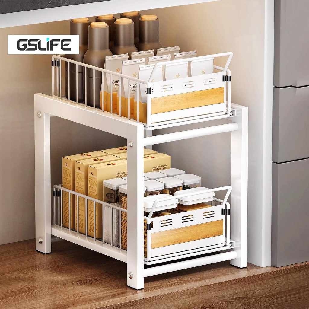 GSlife ชั้นวางของใต้อ่างล้างจาน ชั้นวางเครื่องปรุงเครื่องเทศ พร้อมถาดรองน้ำ Kitchen Drawer Pull Out 