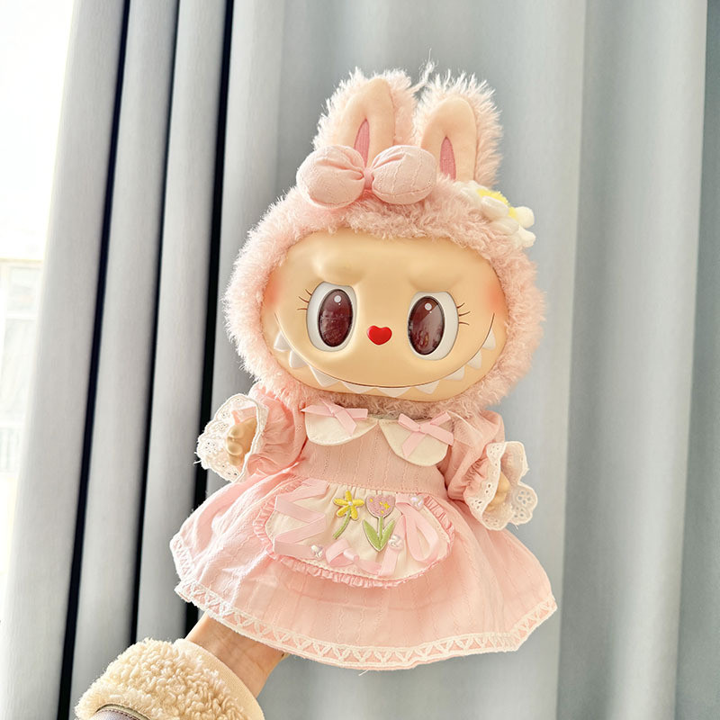 Labubu POP MART mokoko 38cm ตุ๊กตากำมะหยี่ชุดเดรสสีชมพู