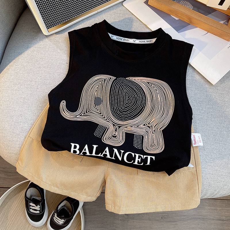 เสื้อผ้าเด็กลําลองสูทฤดูร้อนเด็กชายและเด็กหญิงชุดกีฬาส่วนบุคคลช้างพิมพ์เสื้อกั๊กแขนกุดกางเกงขาสั้นชุดสองชิ้น