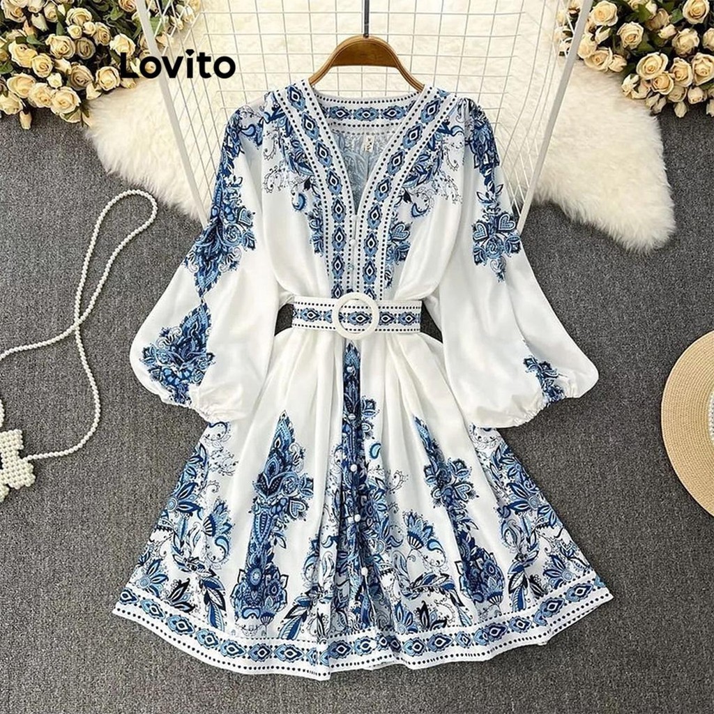 Lovito ชุดเดรสผู้หญิง ลายชนเผ่า เรขาคณิต สไตล์โบโฮ LNL60113