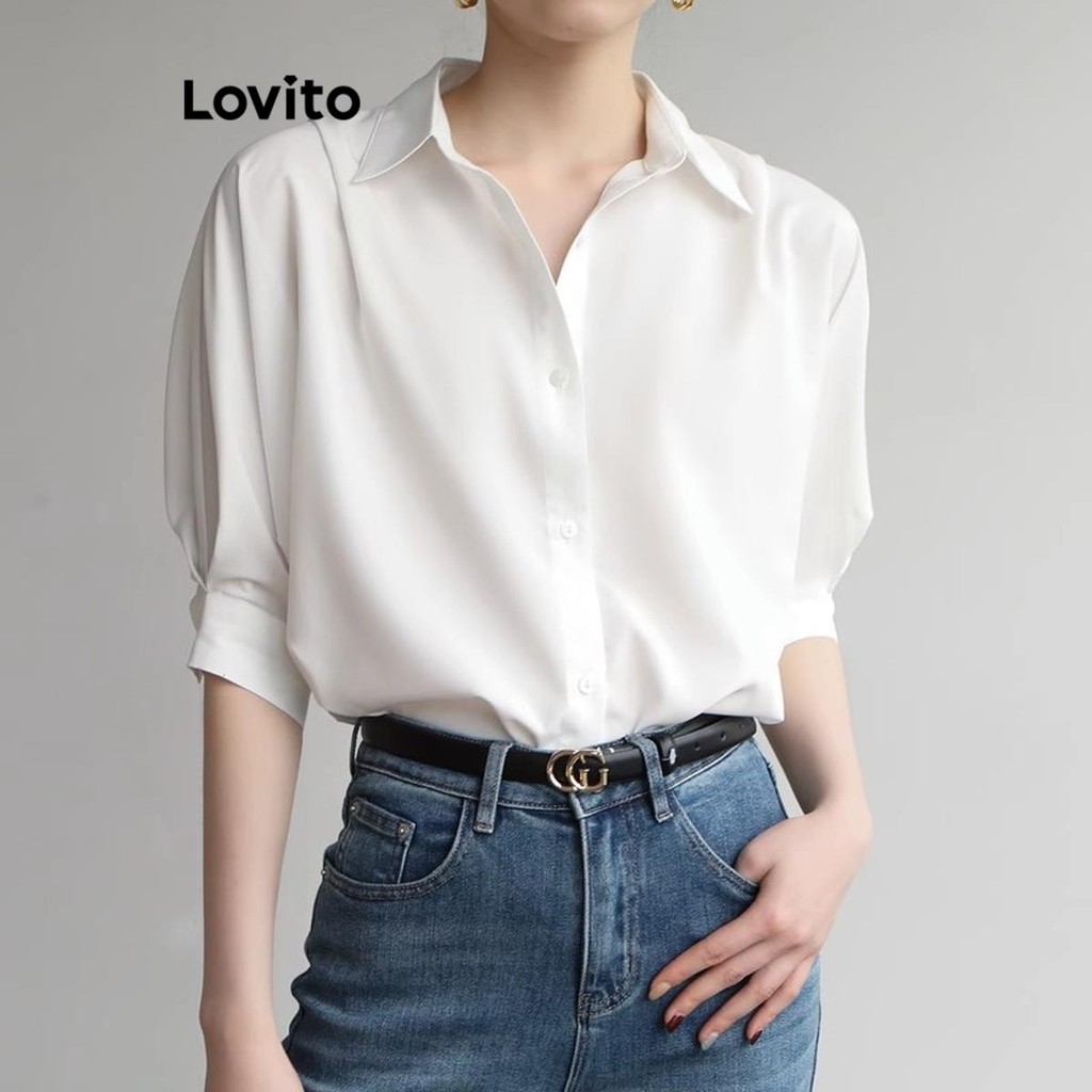 Lovito เสื้อเบลาส์ผู้หญิง เบสิก สีพื้น สไตล์ลำลอง LNE53343