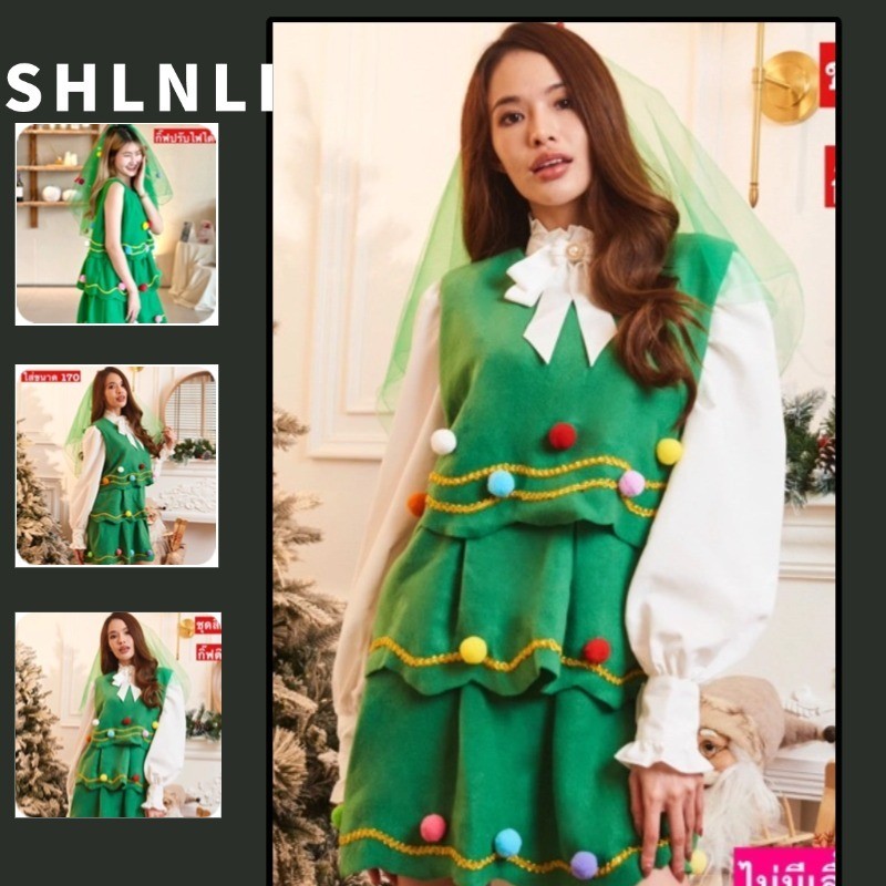 အမျိုးသမီး Cosplay အဝတ်အစား—ခရစ္စမတ်ပင်ပုံစံ ဒီဇိုင်း၊ လက်ရှည်၊ ချစ်စရာ/မွှေးမြတဲ့ပုံစံ၊ ဆောင်းရာသီ ပွဲလမ်းသဘင်အတွက်