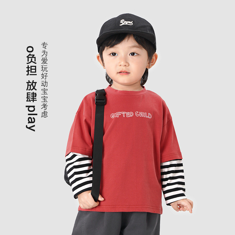 ชายปลอมสองชิ้นแขนยาวฤดูใบไม้ผลิฤดูใบไม้ร่วงเด็กทารกเสื้อผ้า จุดต่ําสุด เสื้อเด็กทารกอินเทรนด์