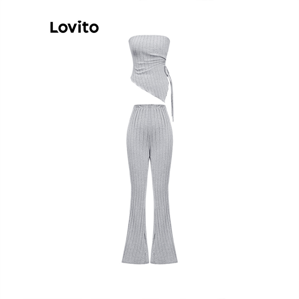 Lovito ชุดกางเกงรูดจีบสีพื้นแบบลำลองสำหรับผู้หญิง L110AD162