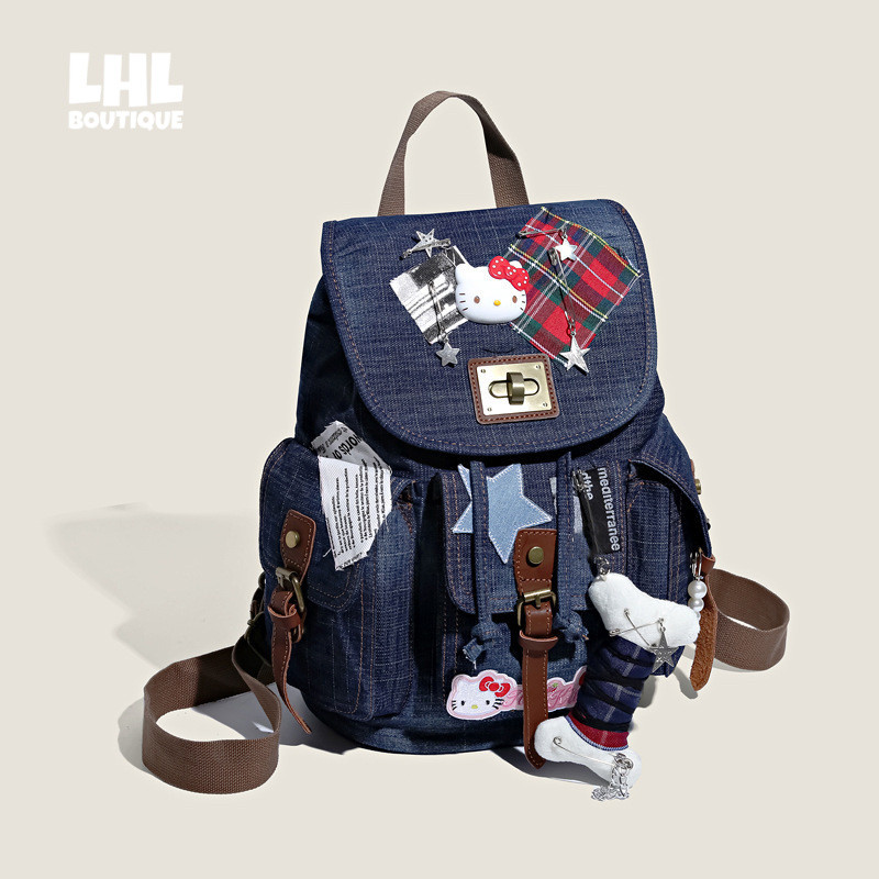 LHL BOUTIQUE มิลเลนเนียม Babes Y2K Hello Kitty กระเป๋าเป้สะพายหลังผ้ายีนส์จับแพะชนแกะกระเป๋าความจุขนาดใหญ่