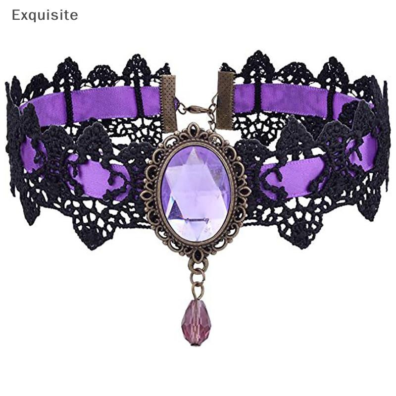 [ประณีต] Gothic Victorian สร้อยคอลูกไม้สีดําผู้หญิงสาว Boho คริสตัล sel เซ็กซี่ลูกไม้ Choker Steampunk Dark Loli สไตล์เครื่องประดับฮาโลวีน [th]