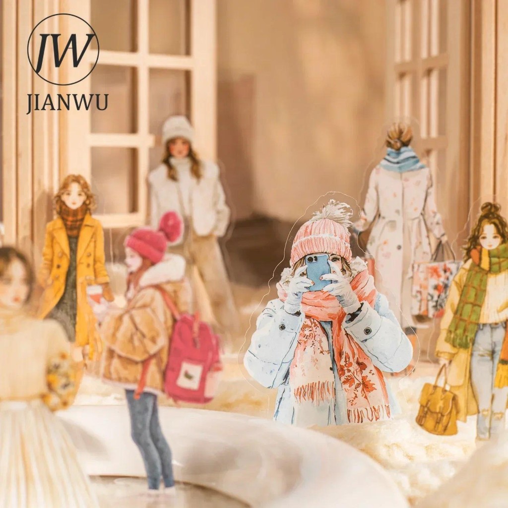 Jianwu สาวฤดูหนาว Series Vintage ตัวอักษรภูมิทัศน์วัสดุ Collage PET สติกเกอร์ Creative DIY Journal เครื่องเขียน