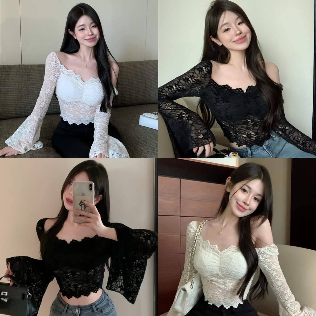 🌼Anne🌼เสื้อยืดผู้หญิง มีฟองน้ำ แขนยาว เปิดไหล่ ผ้าลูกไม้ นุ่ม🌞เสื้อครอป สไตล์ลำลอง ใส่สบาย แฟชั่น🦋#FY9074