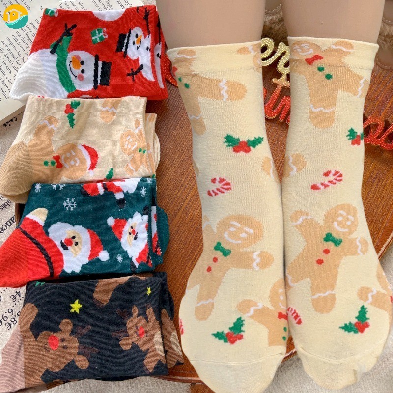 แฟชั่น Christmas Series ถุงเท้าสําหรับผู้หญิงสาวการ์ตูนน่ารักฤดูใบไม้ร่วงฤดูหนาว Santa Claus Snowman นุ่มกลางหลอดถุงเท้า Xmas ของขวัญ