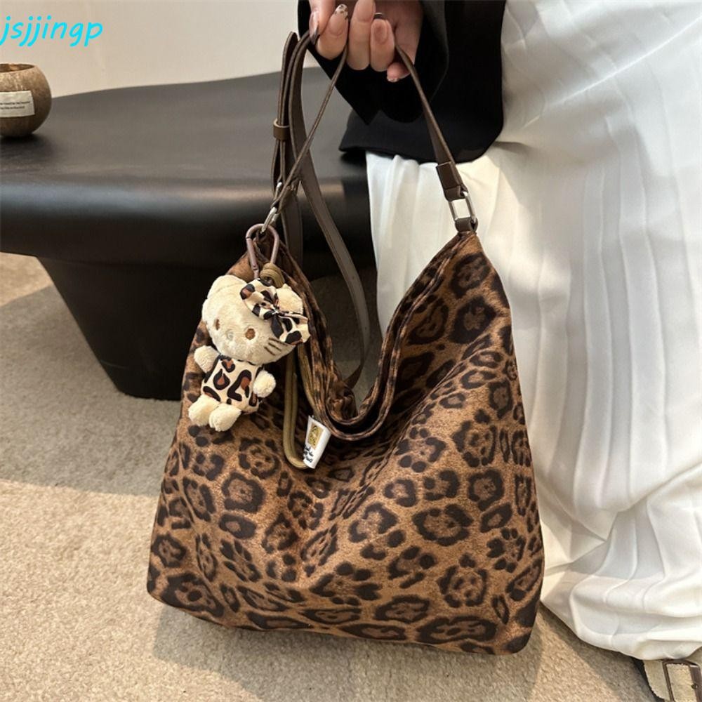 Jsjjingp กระเป๋าสะพายเสือดาว, Y2k Commuting Kitty Leopard Bag, Vintage Underarm Casual ความจุขนาดใหญ่ผู้หญิง Tote กระเป๋าหญิง