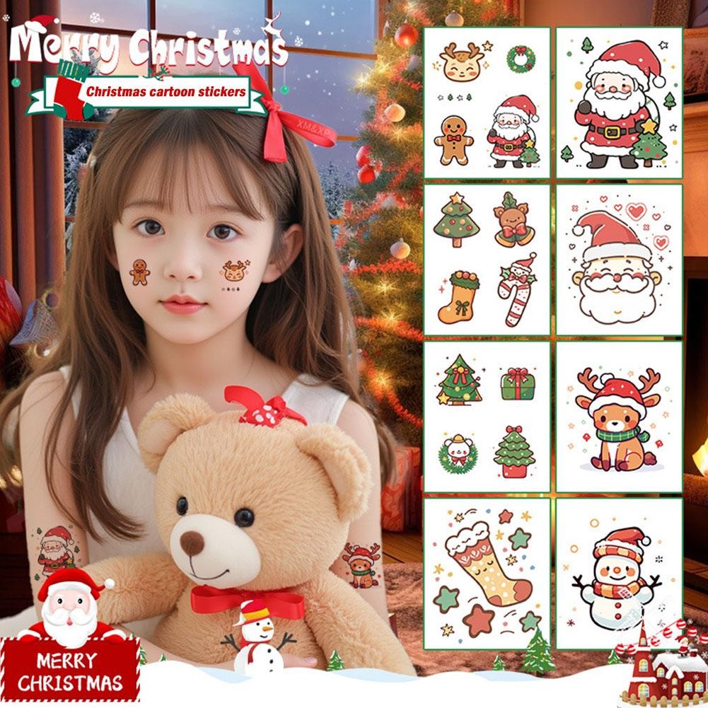 คริสต์มาสสีคริสต์มาสเด็กสติกเกอร์รอยสักสีใบหน้าการ์ตูนกวางล้างทําความสะอาดได้ตกแต่ง z9ที4