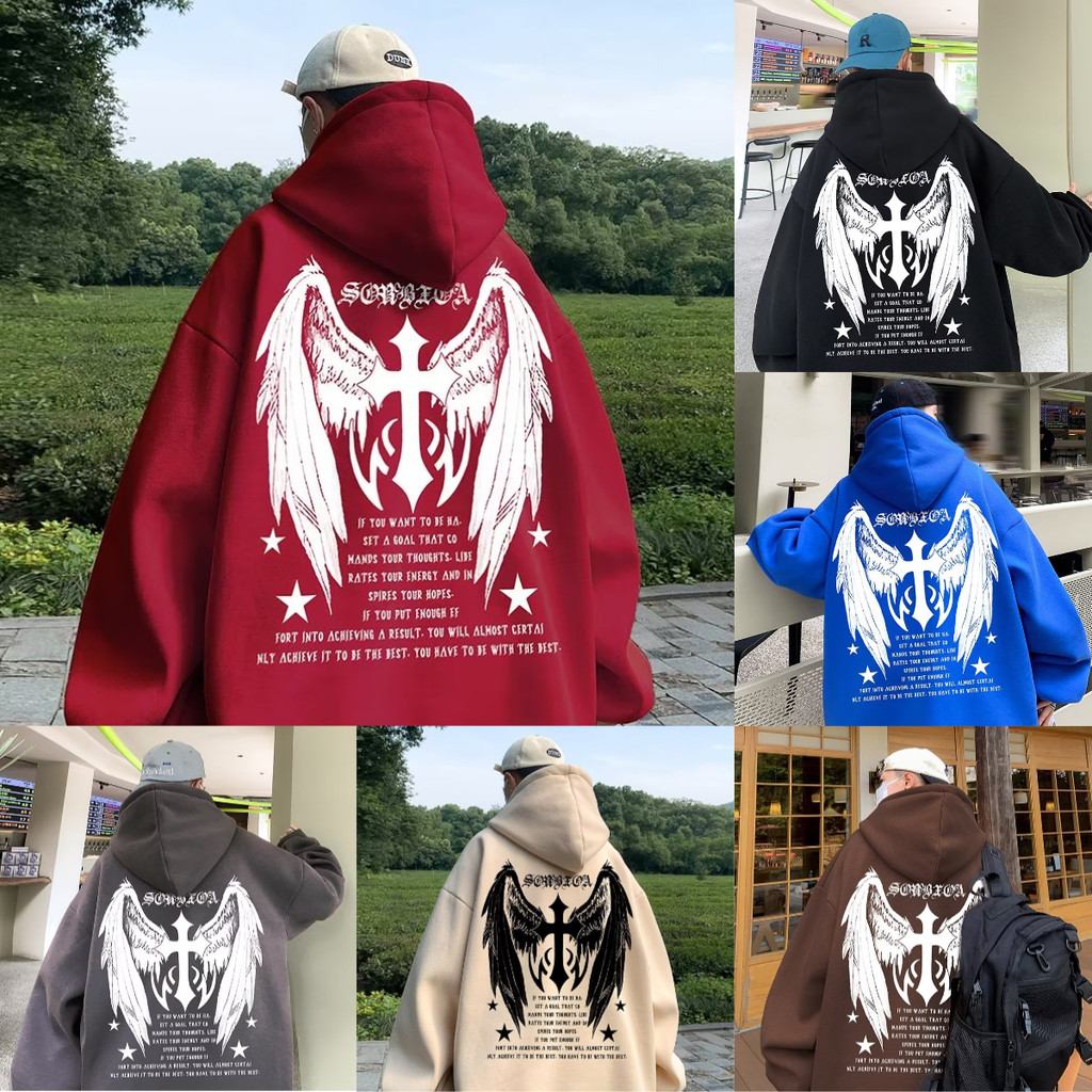 [7 สี] Cross Wings พิมพ์ American Retro Hoodies สําหรับผู้ชายและผู้หญิงฤดูใบไม้ร่วงฤดูหนาวขนแกะเรียงราย Warm Pullover Sweatshirt Plus ขนาด
