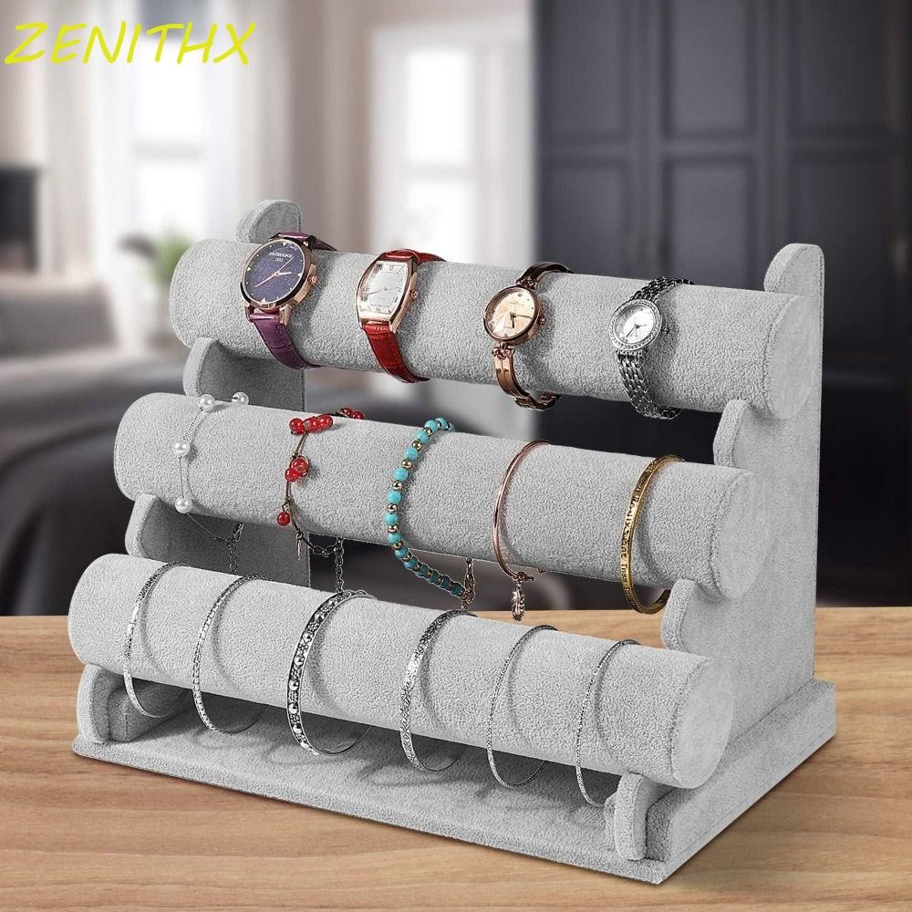 Zenithx กํามะหยี่ยืนแสดงเครื่องประดับ, 2/3 ชั้น T-bar สร้อยข้อมือผู้ถือ,แฟชั่นที่ถอดออกได้ต่างหู Hovering นาฬิกาขาตั้งจอแสดงผลผู้ชาย