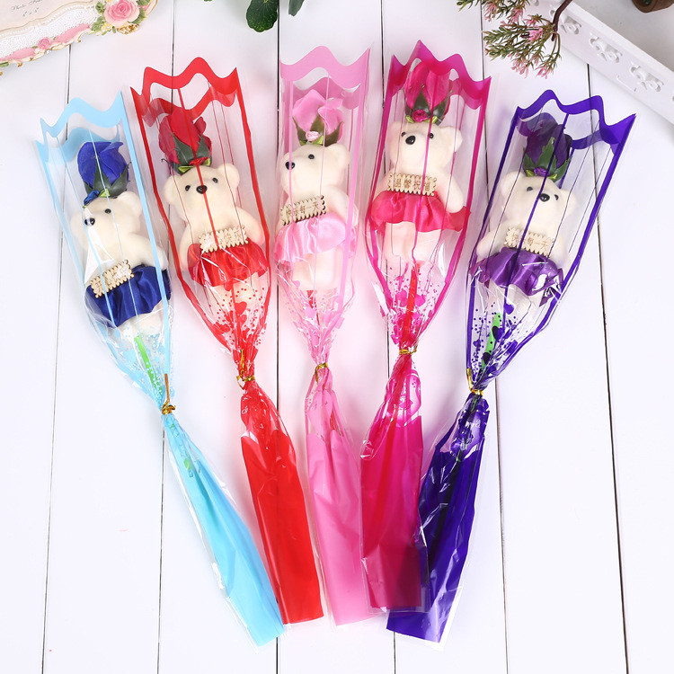 ของขวัญวันวาเลนไทน์คาร์เนชั่นสาขาเดียวดอกกุหลาบหมีสบู่ดอกไม้ที่มีสีสันจําลองช่อของขวัญสร้างสรรค์