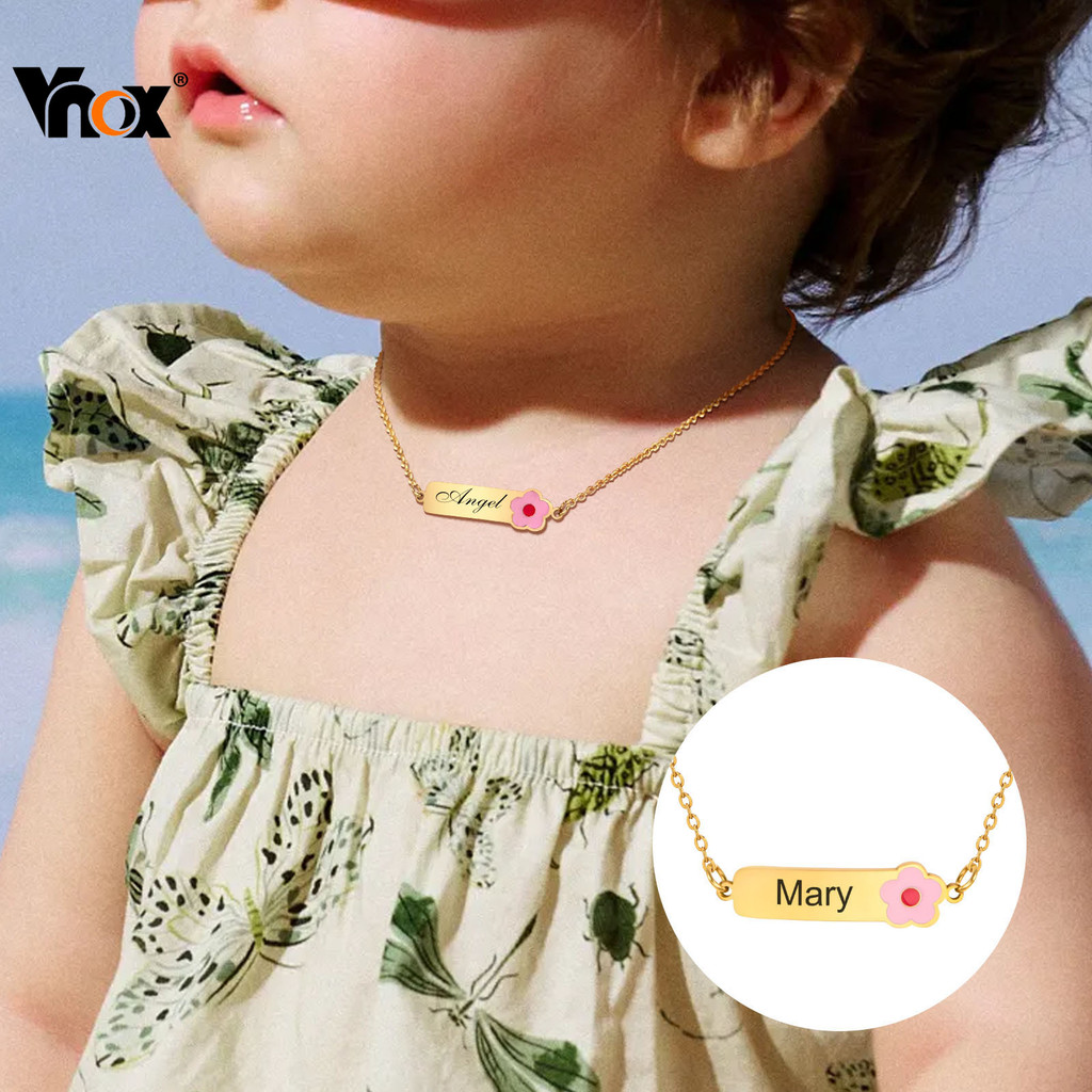 Vnox ส่วนบุคคลสร้อยคอเด็ก,สีชมพูผีเสื้อดอกไม้แกะสลักสร้อยคอสําหรับเด็กเด็ก Non Tarnish