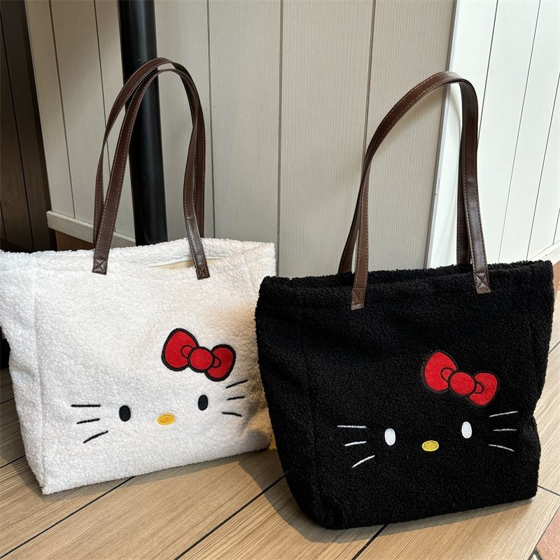 น่ารัก Lamb Wool Hello Kitty Commuter Canvas Bag Shoulder Large Capacity Portable Cartoon Tote Bag