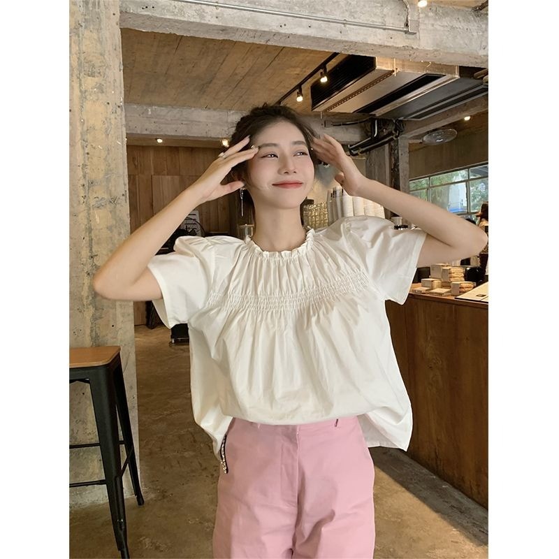 🧡LINNA🧡เวอร์ชั่นเกาหลี คอกลม จีบ หลวม แขนสั้น เสื้อเชิ้ต
