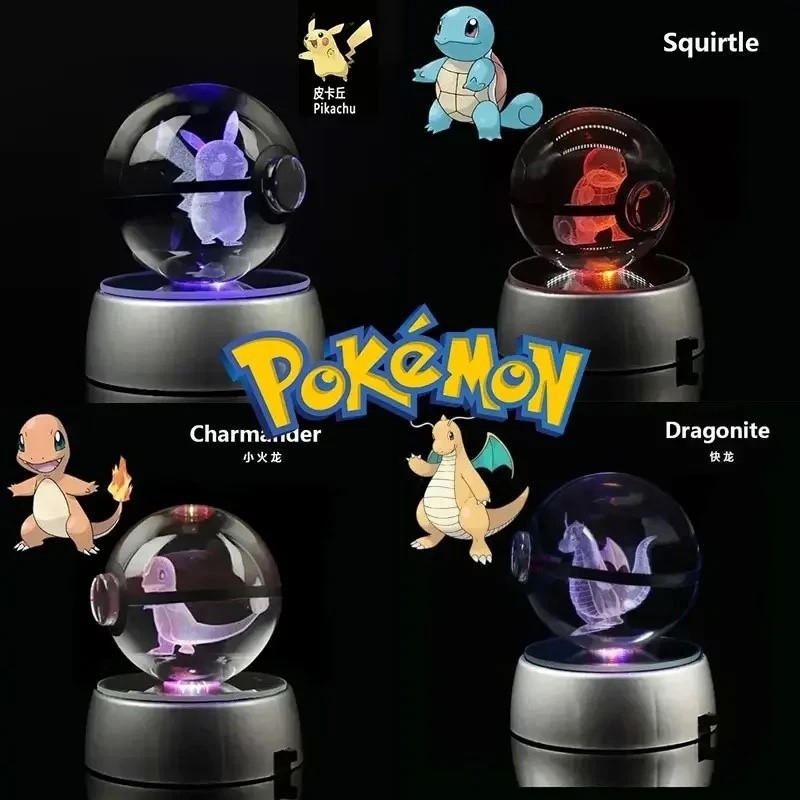 Pokemon Crystal Ball 3D ของเล่น Snorlax Mewtwo Pikachu ตัวเลข Pokémon แกะสลักรุ่น LED Light ฐานเด็กของขวัญสะสม