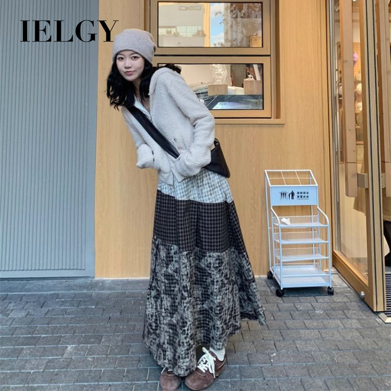 IELGY กระโปรงลายสก๊อตผู้หญิงเอวสูงสลิมมิ่งหลวม ก-เส้น กระโปรงยาว