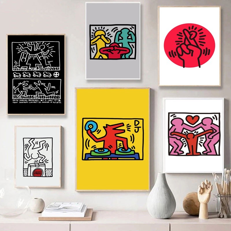 Vintage Keith Haring บทคัดย่อโปสเตอร์ผ้าใบภาพวาดตกแต่งห้องนั่งเล่นภาพพิมพ์ผนัง