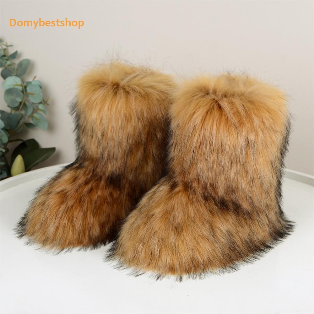 ผู้หญิง Furry Boots อบอุ่นสบาย Faux Fur Boots Snow Boots รองเท้าส้นแบนกลางแจ้ง [Domybestshop.th]