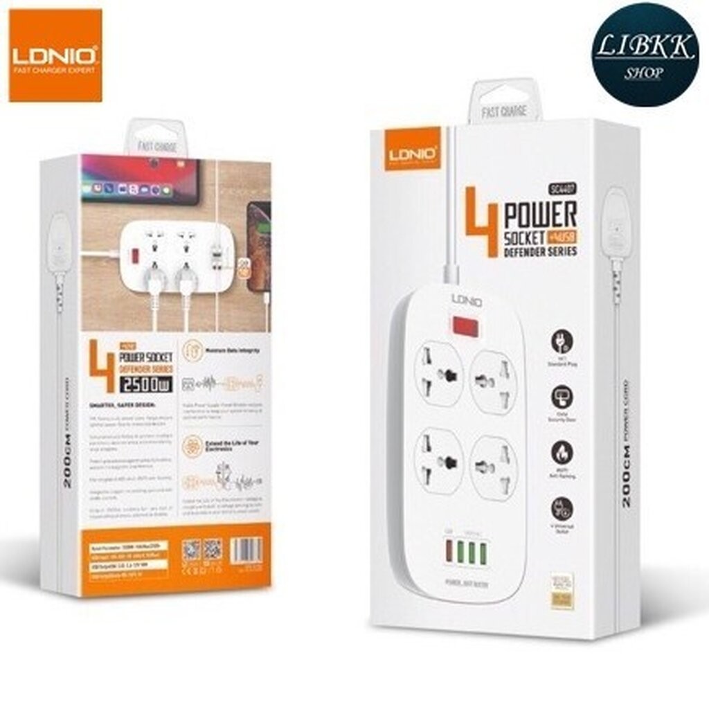 LDNIO ของแท้100% LDNIO SC4407 4 Power Socket+4 USB 2500W สายยาว 2เมตร รับประกันของแท้ เบ้า เต้ารับ